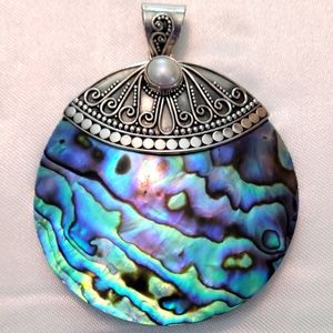 Merav abalone, pearl, sterling silver bold round pendant